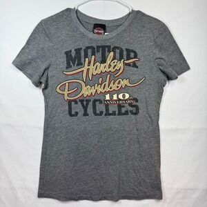 Harley Davidson 110th Anniversary Graphic Tee Motorcycle Top Gray Sz Large‎